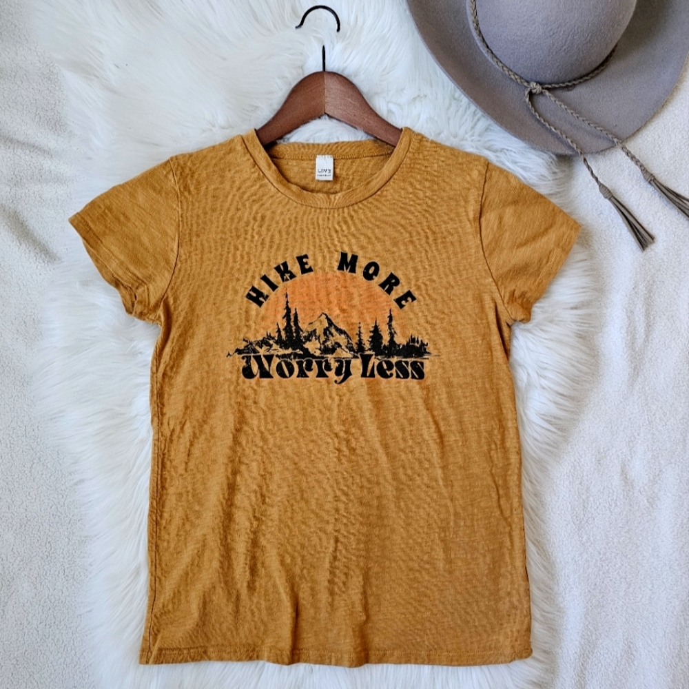 Love Vintage 100% Cotton Hike More Worry Less Tshirt Mustard Yellow Size Small